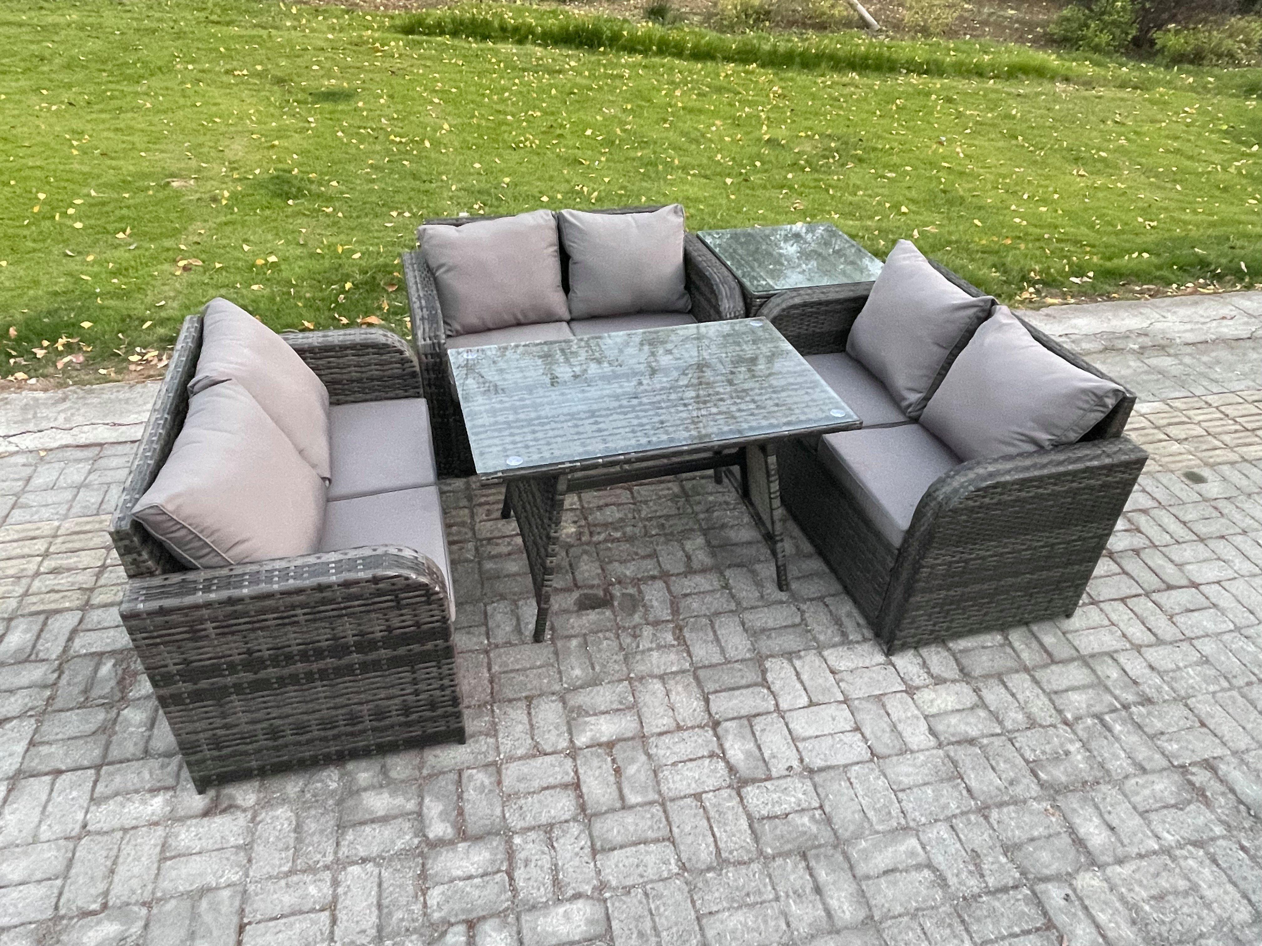 Rattan Garden Furniture Set 6 Seater Patio Outdoor Love Sofa Set with Rectangular Dining Table Side 